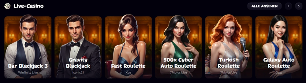 Aphrodite Casino Live-Casino Übersicht mit verschiedenen Tischen